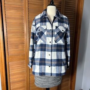 Women’s Blue & White Plaid Utility Shacket Jacket